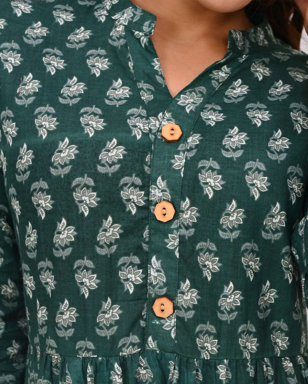 Dark Green with Grey Floral Printed Dress