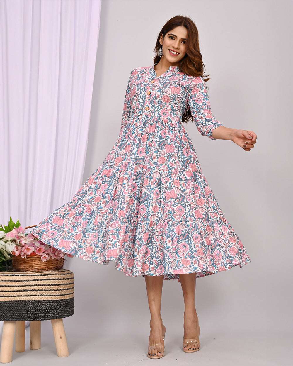 Multicolor Floral Print On White Printed Dress