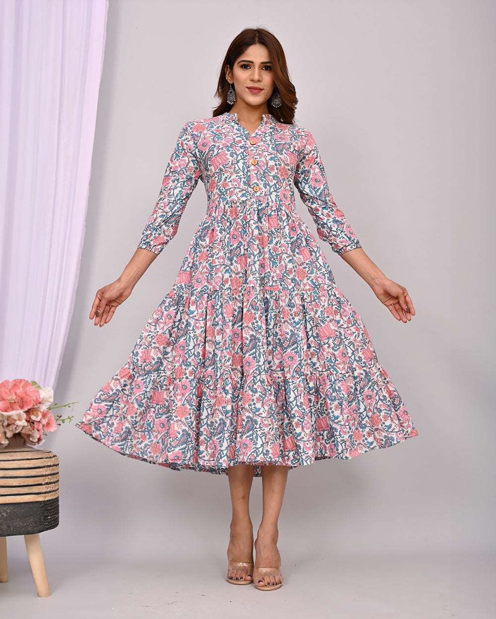 Multicolor Floral Print On White Printed Dress