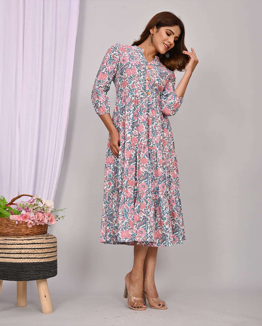 Multicolor Floral Print On White Printed Dress