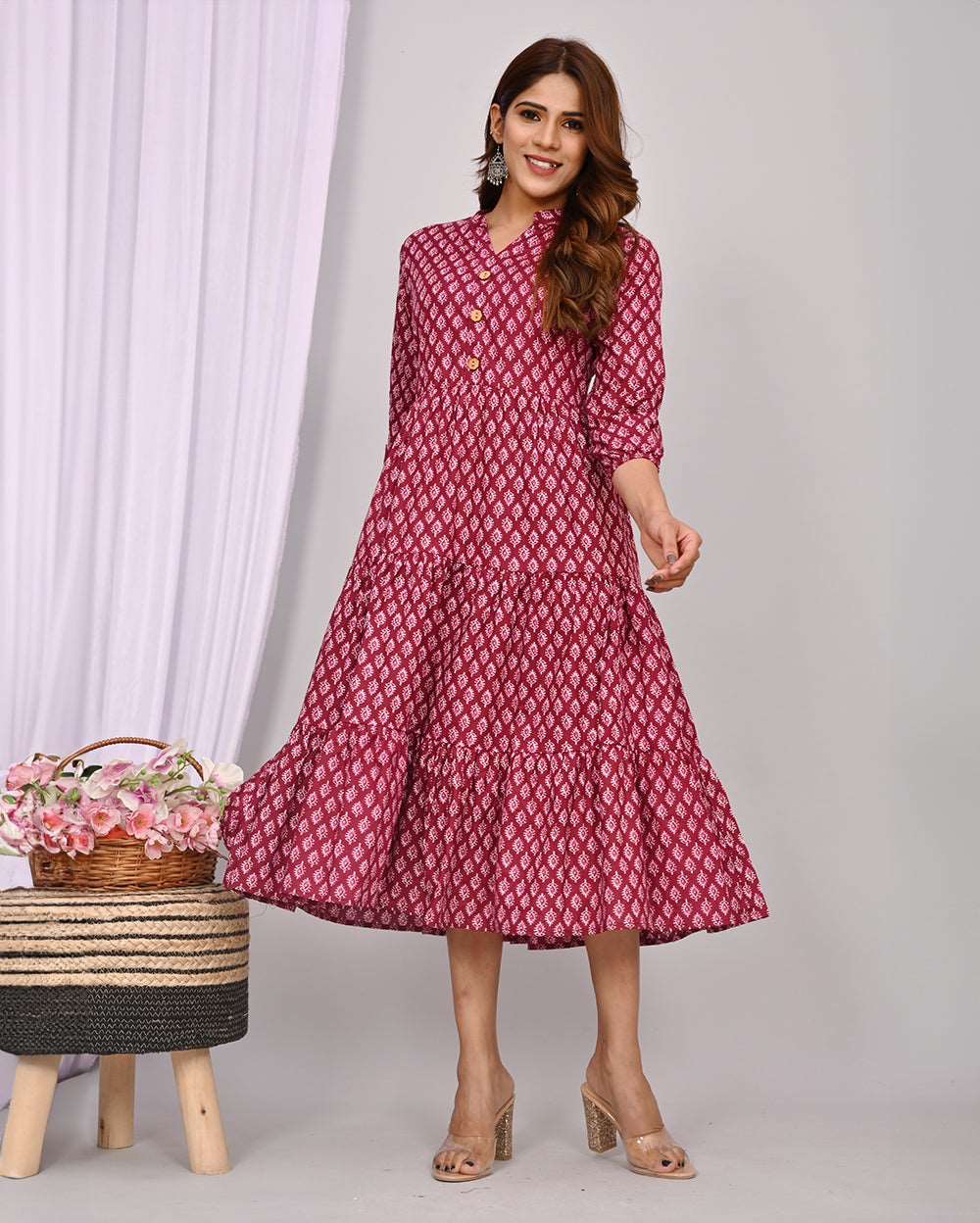 Wine Color With White Buti Printed Dress