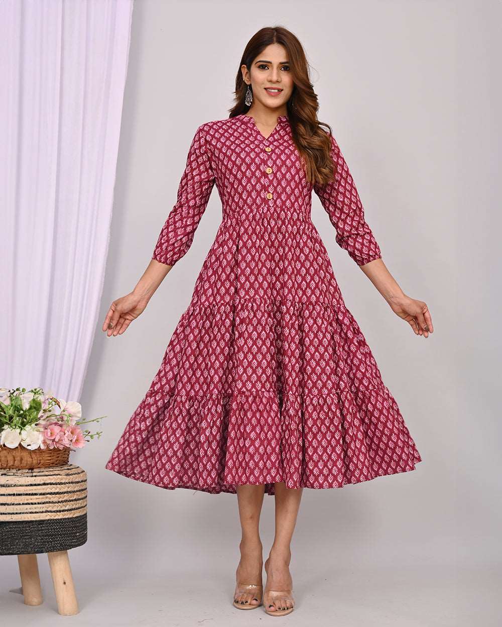 Wine Color With White Buti Printed Dress