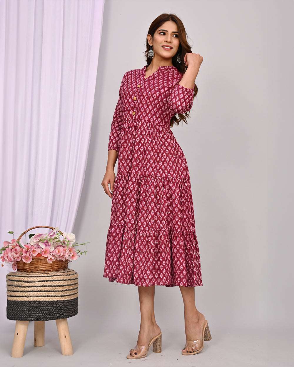 Wine Color With White Buti Printed Dress