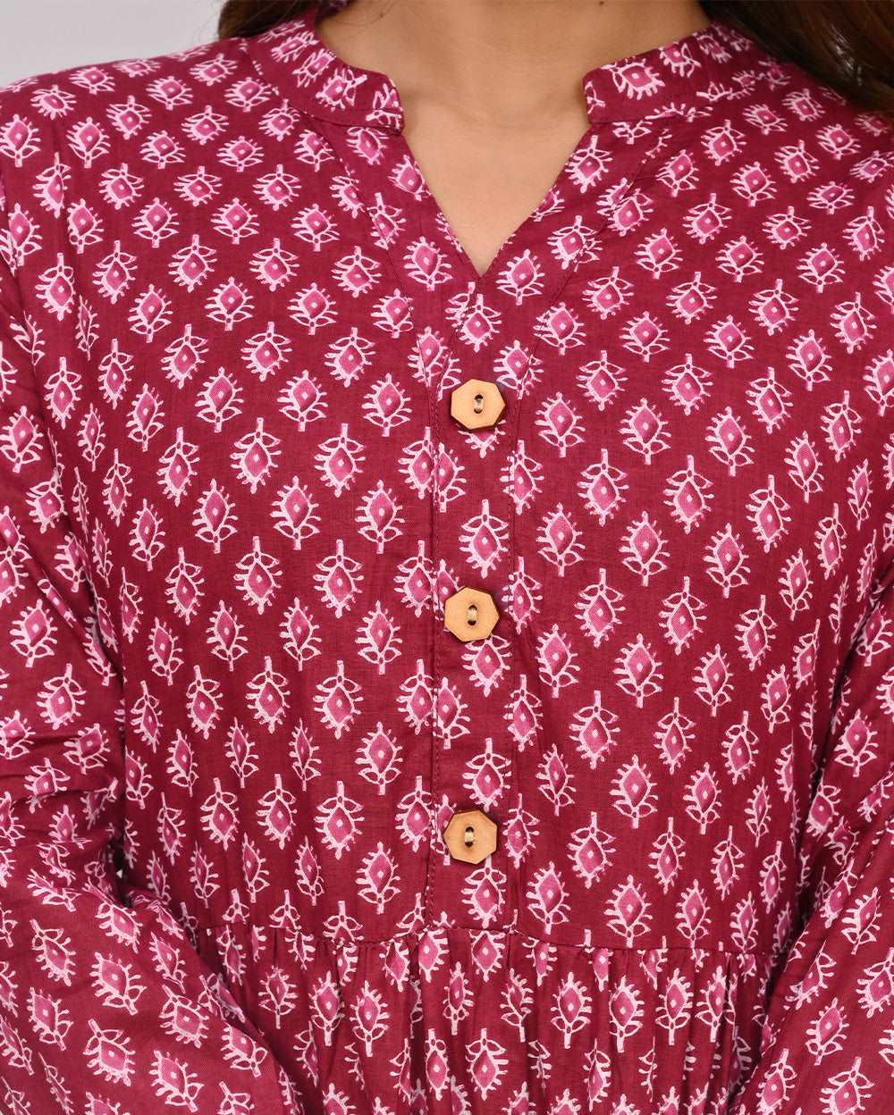 Wine Color With White Buti Printed Dress