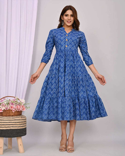 Indigo With White Buti Printed Dress