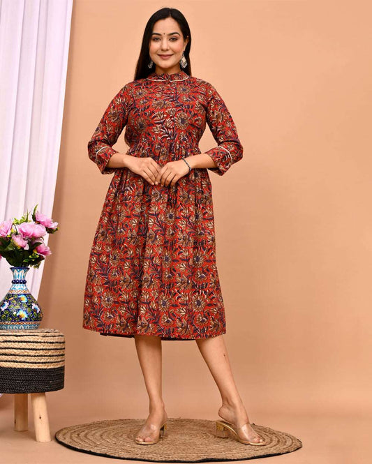 Red Hand Block Printed Cotton Dress