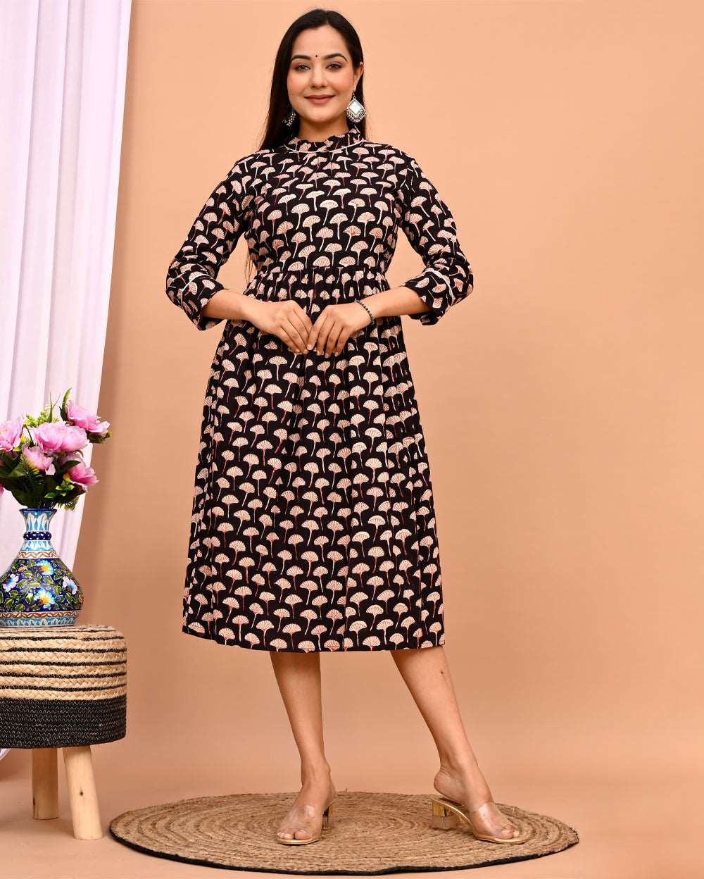 Shyahi Beghar Leaf Hand Block Printed Cotton Dress