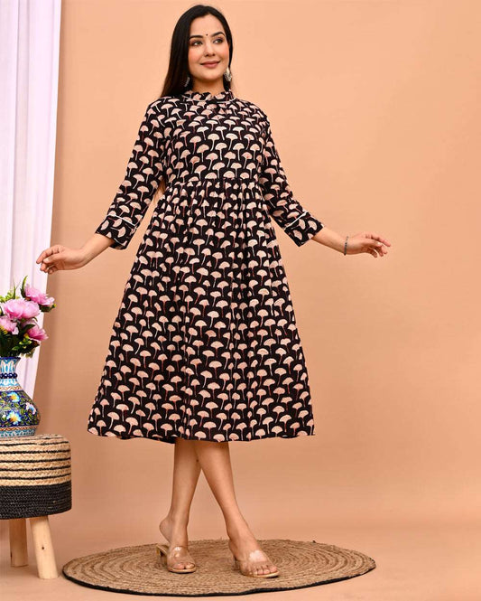 Shyahi Beghar Leaf Hand Block Printed Cotton Dress