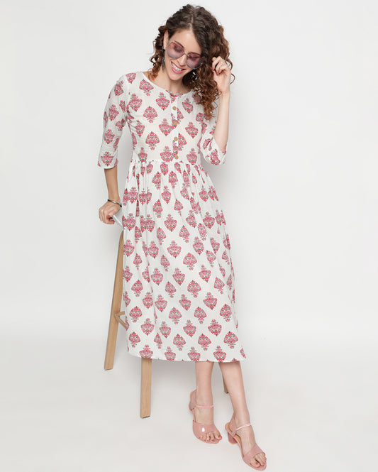 White Paisley Hand block Printed Cotton Dress