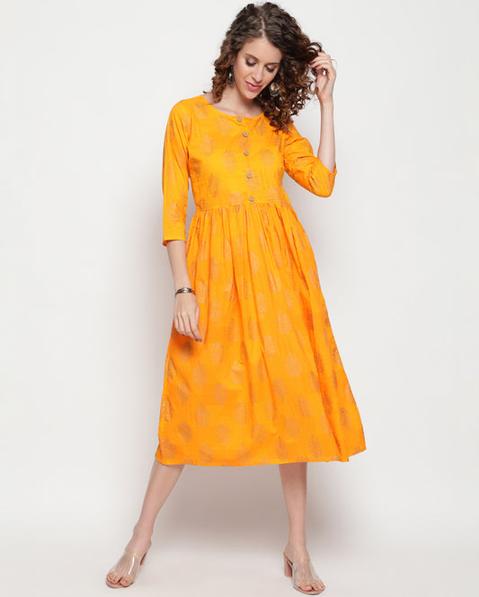 Yellow Paisley Hand block Printed Cotton Dress